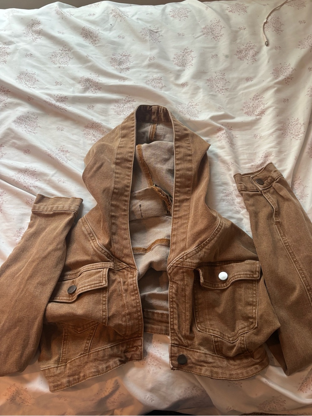 Cropped Brown Hooded Denim Jacket